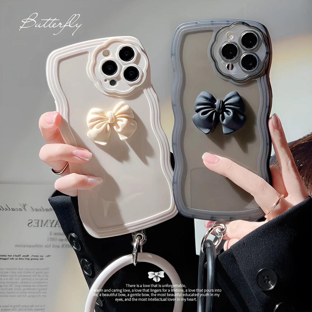 Wave Bow Women's Silicone Phone Case with bow bracelet for iPhone, black colour, painted finish