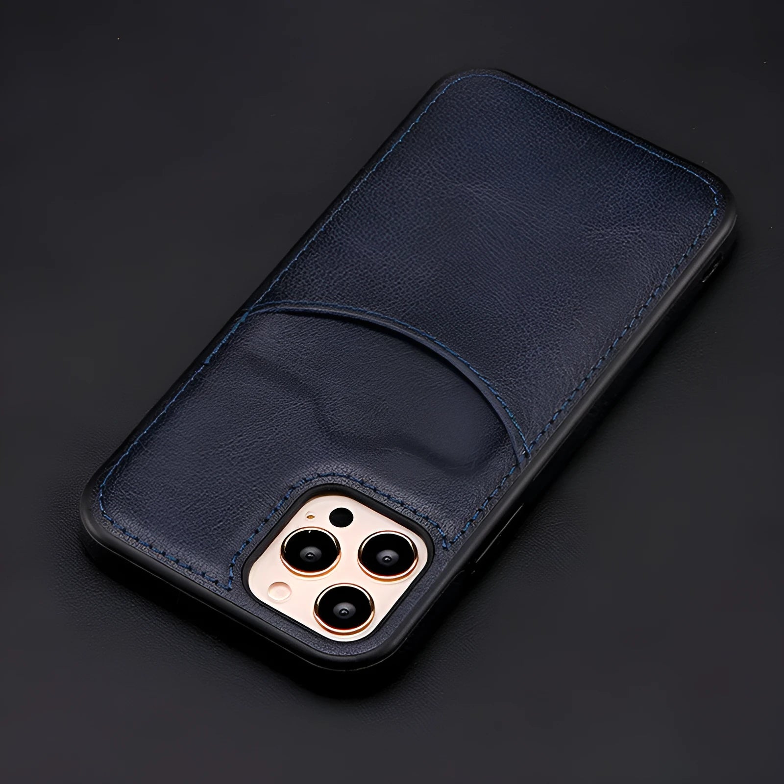 Dark blue PU leather protective case for an iPhone, showing precise model fit.