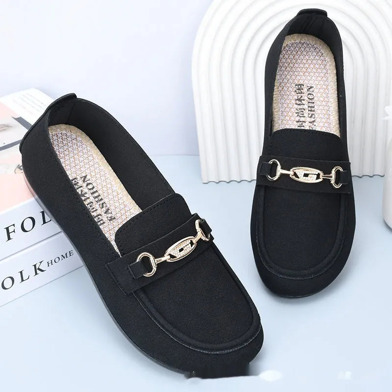 Gommino women's black slip-on casual loafers with round toe and flat rubber sole
