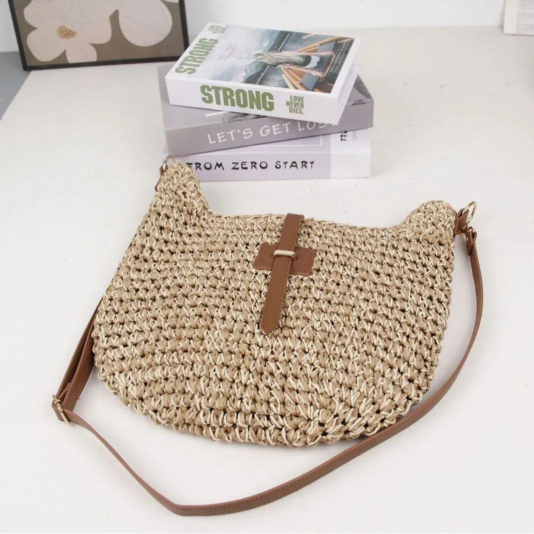 Beige handmade woven bag with sandwich pocket style and 55cm shoulder strap