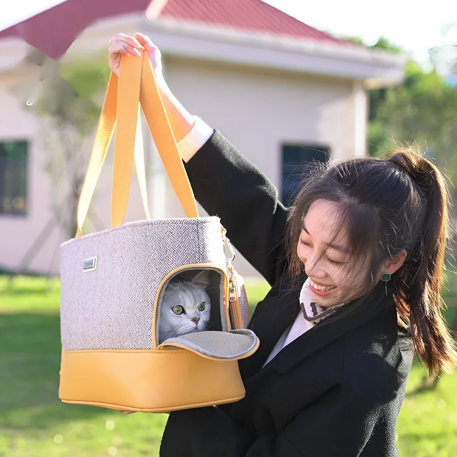 Beige brown pet backpack carrier with breathable design and backpack straps.