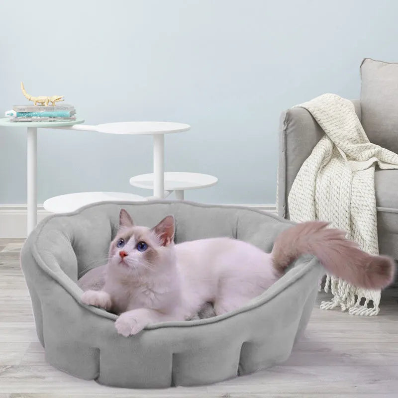 Grey cat kennel house with hammock attachment and plush interior, measuring 46cm square
