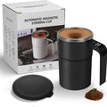 Black automatic stirring electric coffee mug with LCD temperature display and USB charging port