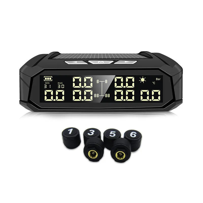 Solar-powered external tyre pressure monitoring system with a colour LCD display unit and six sensors for RVs and trucks.