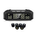 Solar-powered external tyre pressure monitoring system with a colour LCD display unit and six sensors for RVs and trucks.