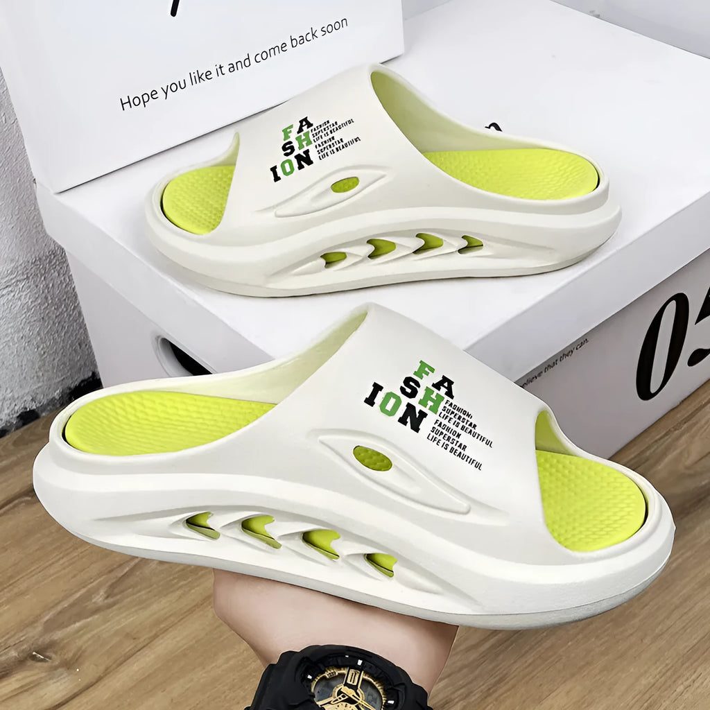 Men's colour-block sports slippers with thick EVA sole in white and green, shown from the side.