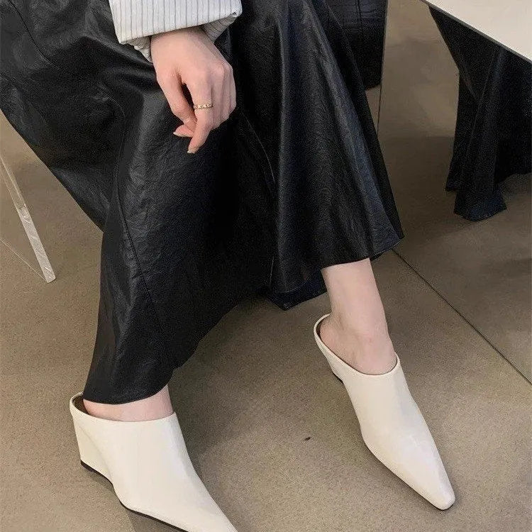 Women's closed toe slippers with wind wedge heel in black, milky white, and brown colour options