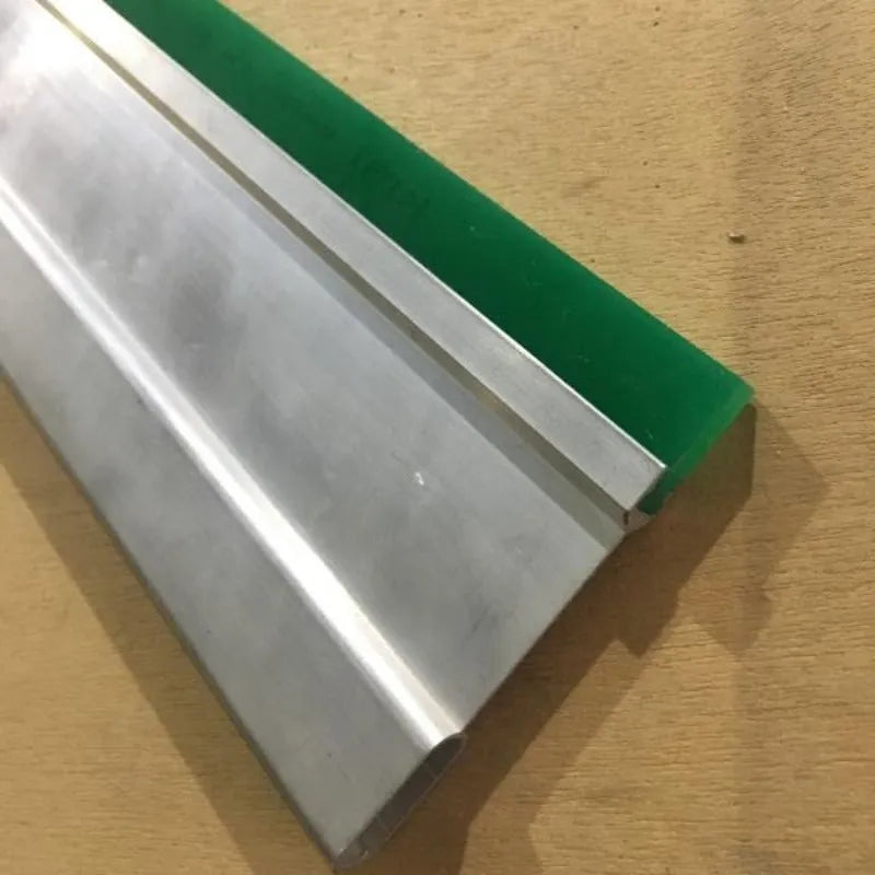 Green aluminium alloy squeegee with a 50cm long metal handle and 10cm wide blade.