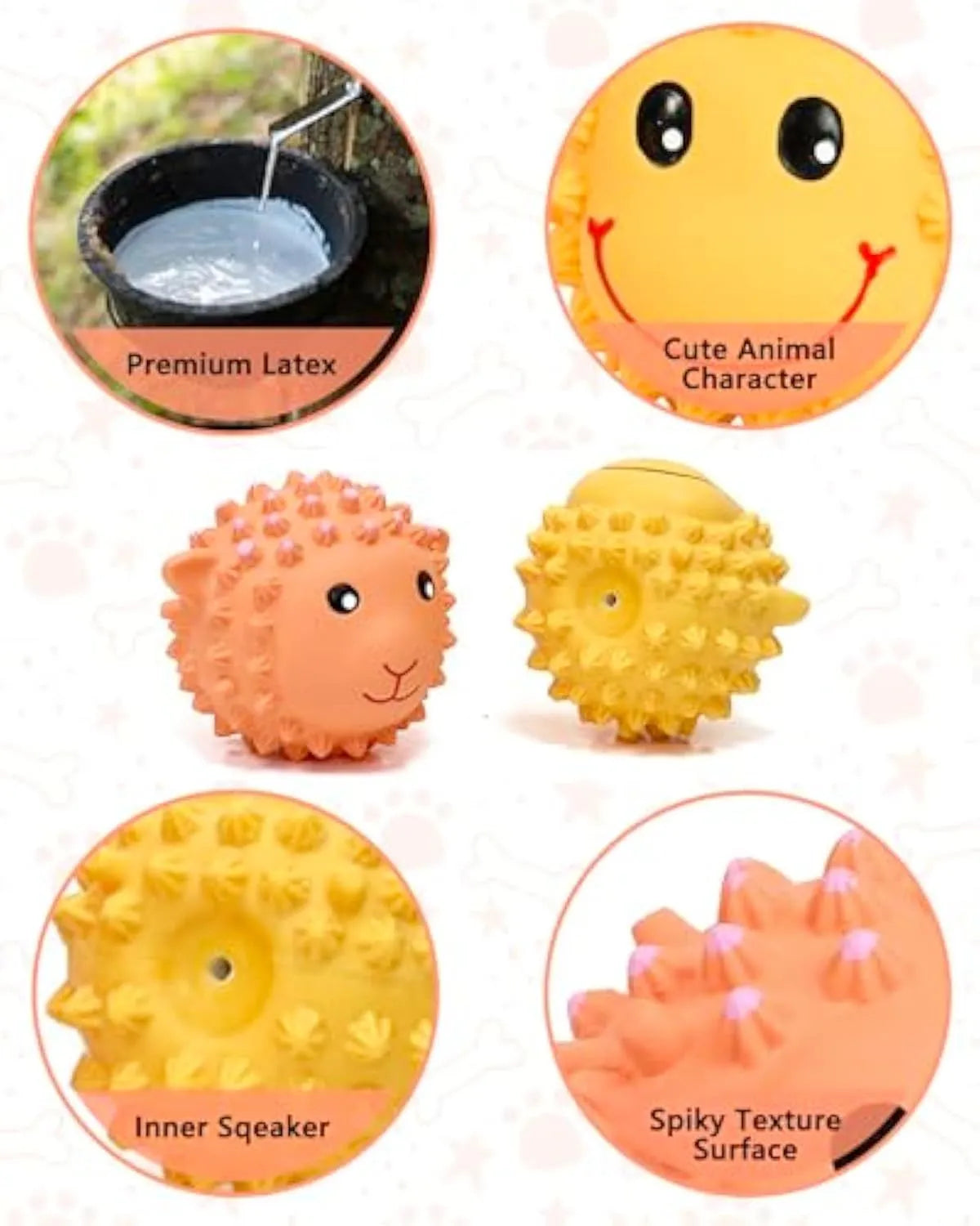 Orange and yellow latex dog toys with spiky texture and animal shapes for small to medium dogs