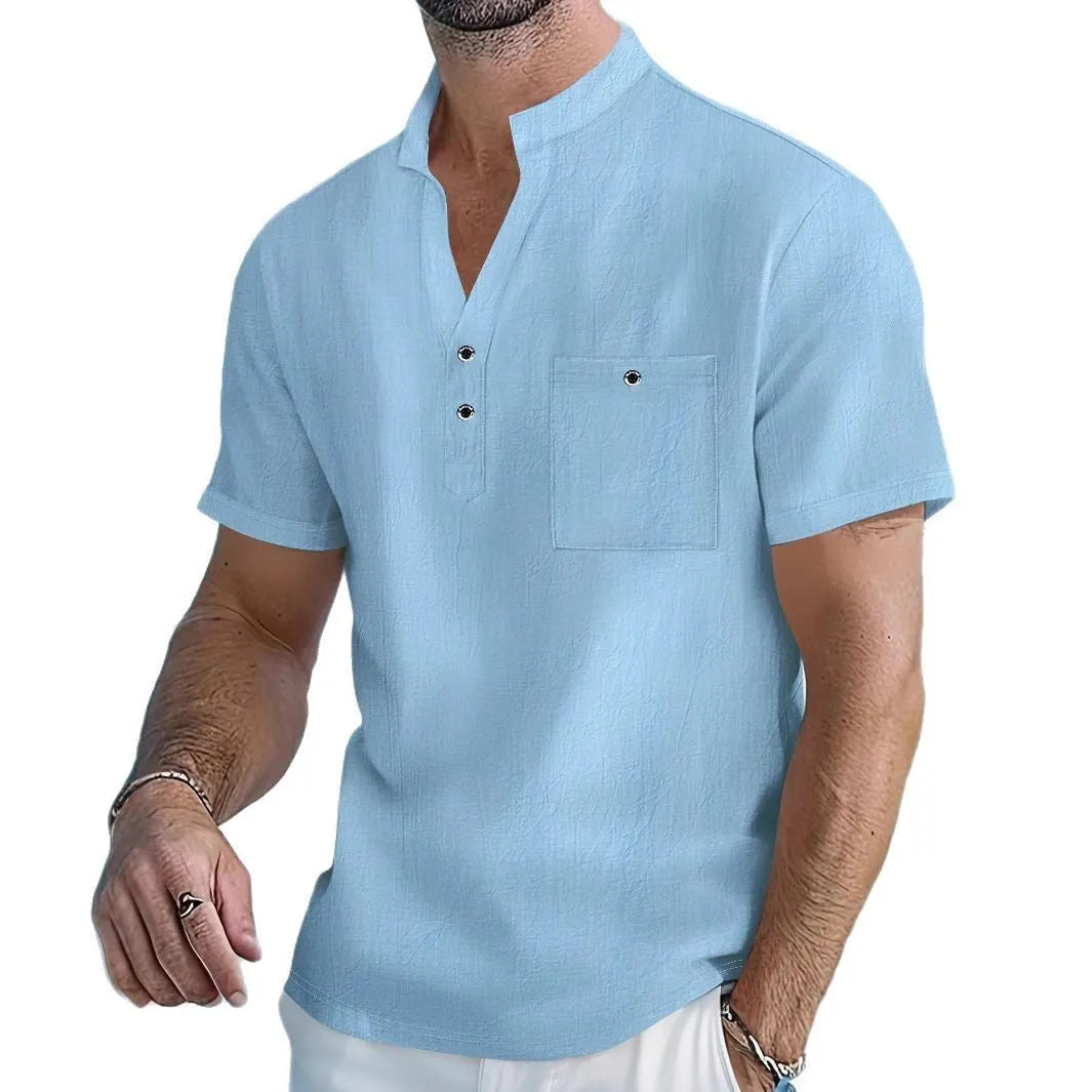 Men's loose-fit stand collar linen T-shirt in a solid colour on a hanger.