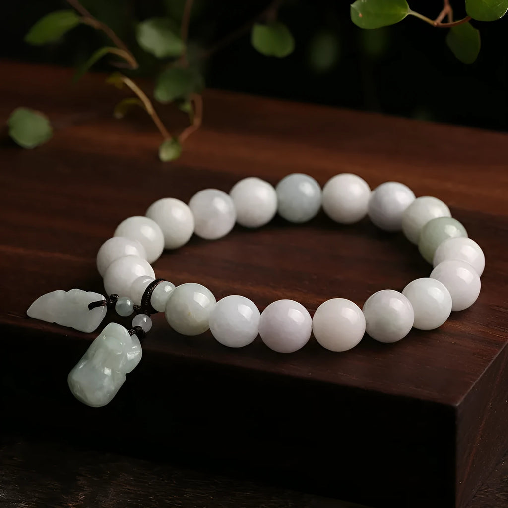 Natural jade Buddhist prayer bracelet with geometric beads and hanging charm pendant