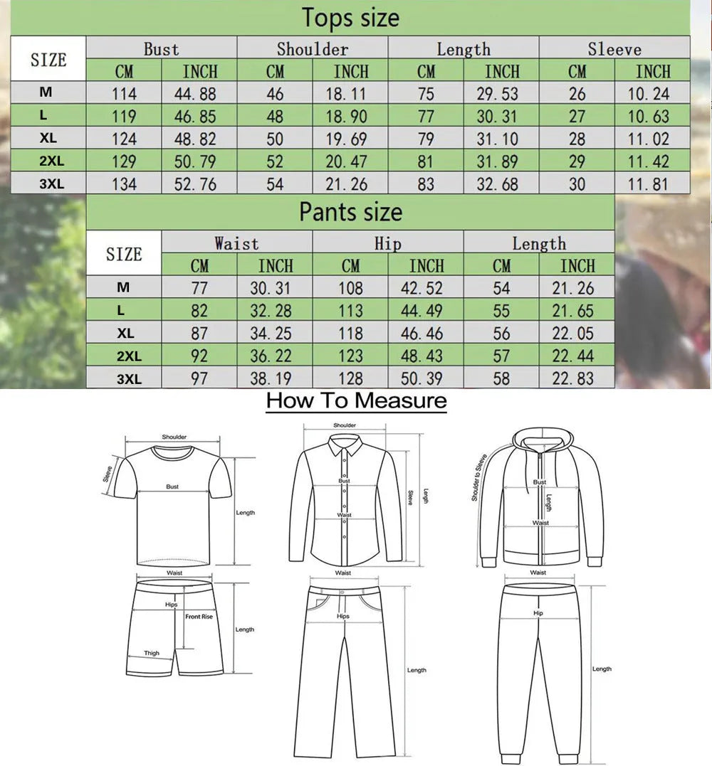 Men's summer cardigan shirt outfit with printed pattern and matching pants on a plain background