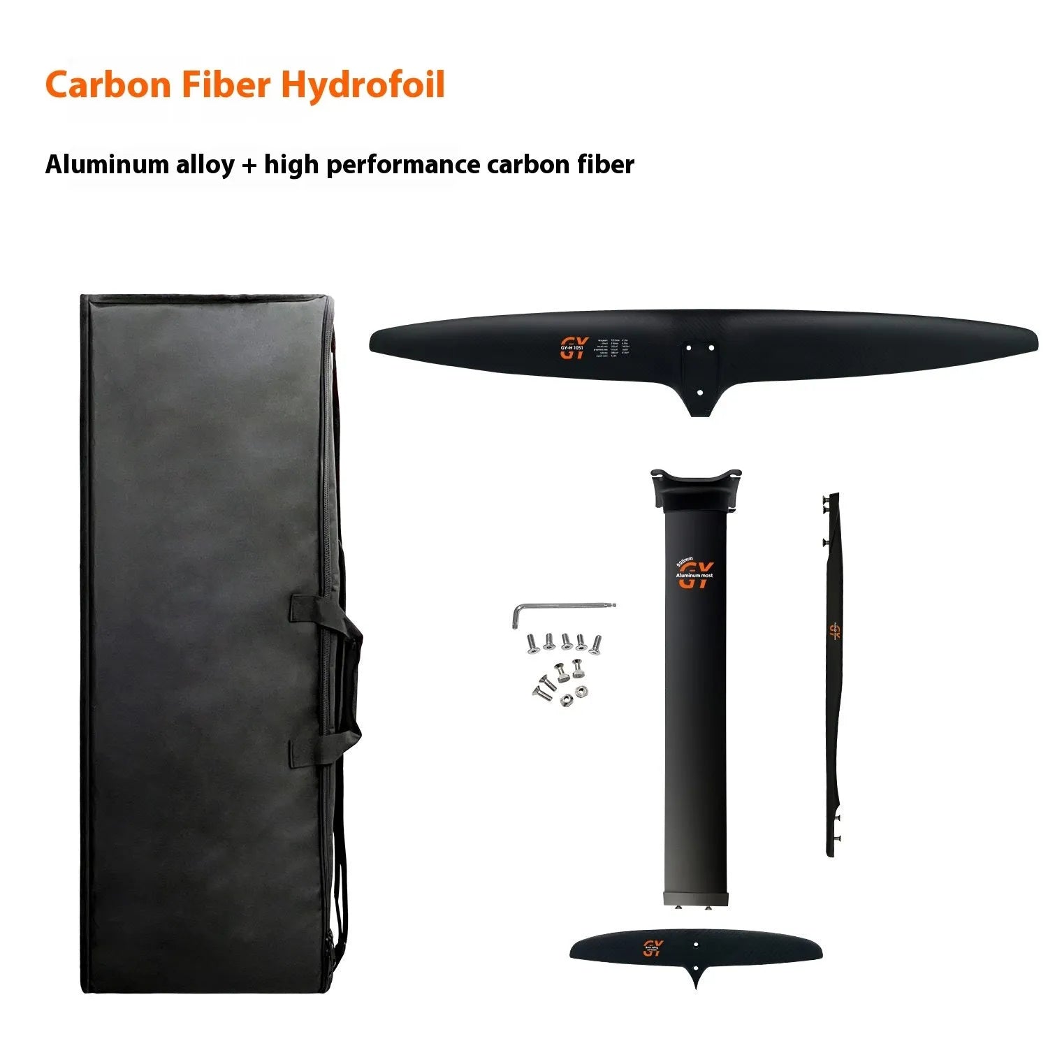 Black carbon fibre racing hydrofoil with aluminium components and 1051mm front wing