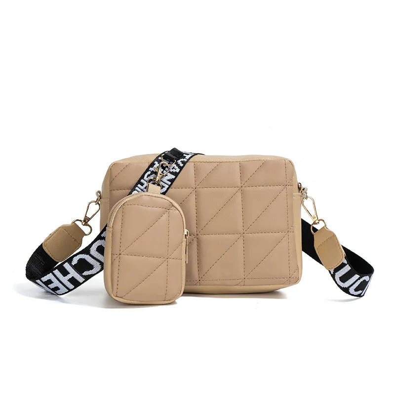 Two PU rhombus crossbody bags with letter print, wide strap, square shape, in apricot