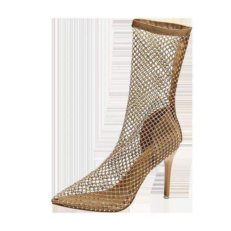 Gold mesh women's high heel sandals with pointed toe stiletto design on rubber sole