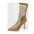 Gold mesh women's high heel sandals with pointed toe stiletto design on rubber sole