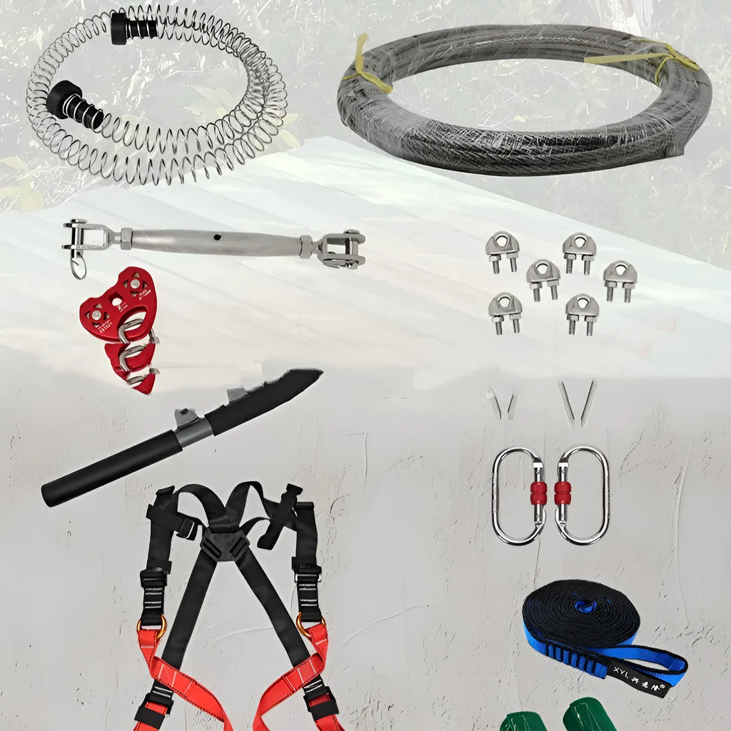 Children's pulley slide rope system with steel cable, handle, and safety hardware for backyard installation