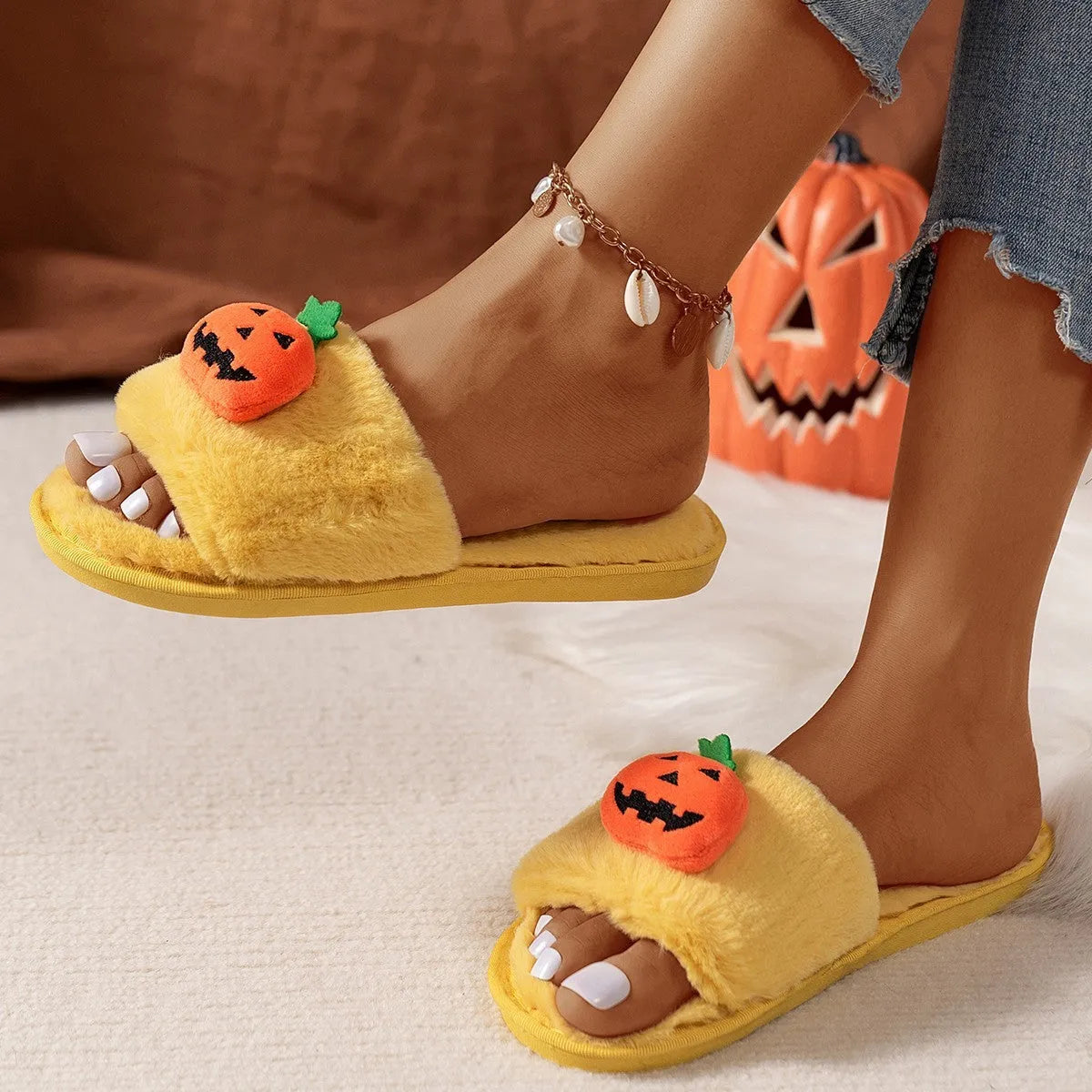 Yellow and white pumpkin cartoon plush open-toe slippers with anti-slip soles