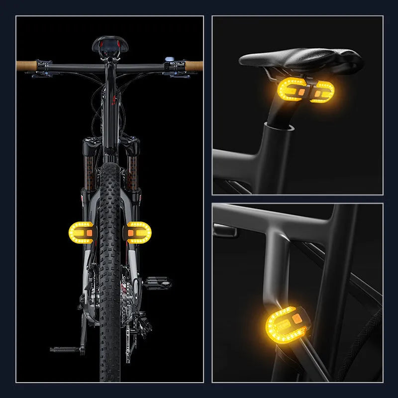 Black wireless remote control bicycle taillight with turn signals and USB charging cable
