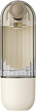Beige collapsible dog water bottle with food container at base, showing press dispenser and tray.