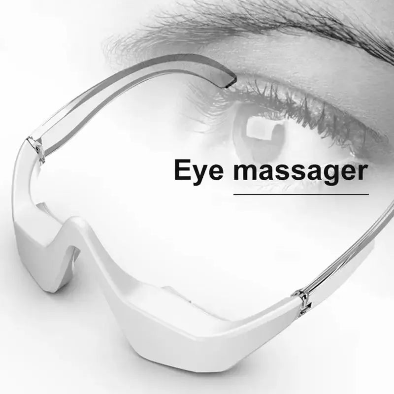 3D micro-current eye massager with glasses design on a pink background.