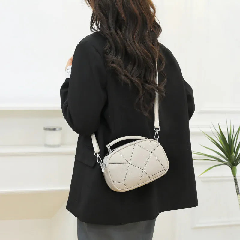 PU leather round small bag with three-layer retro patchwork design in 20x15cm size