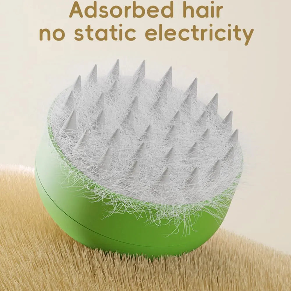 Green rechargeable steam brush for grooming cats and dogs on a white background.