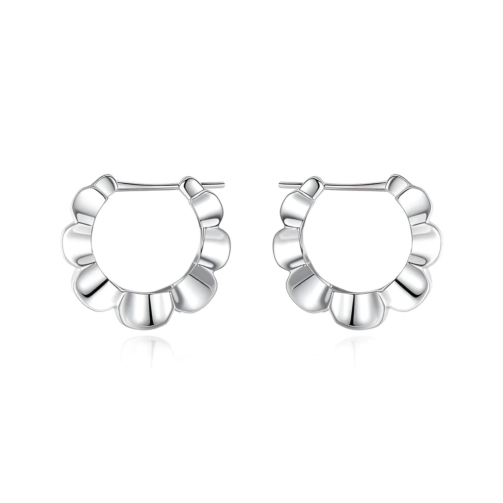 Pair of sterling silver geometric hoop earrings with round elements and electroplated finish