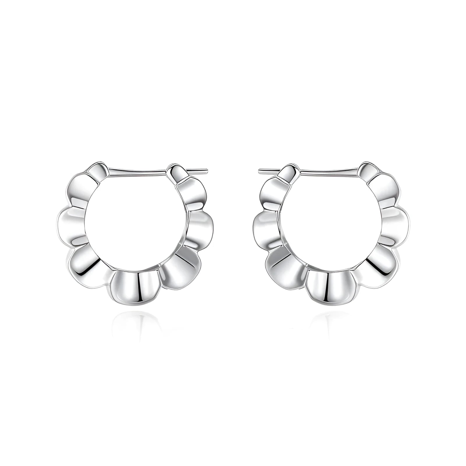 Pair of sterling silver geometric hoop earrings with round elements and electroplated finish