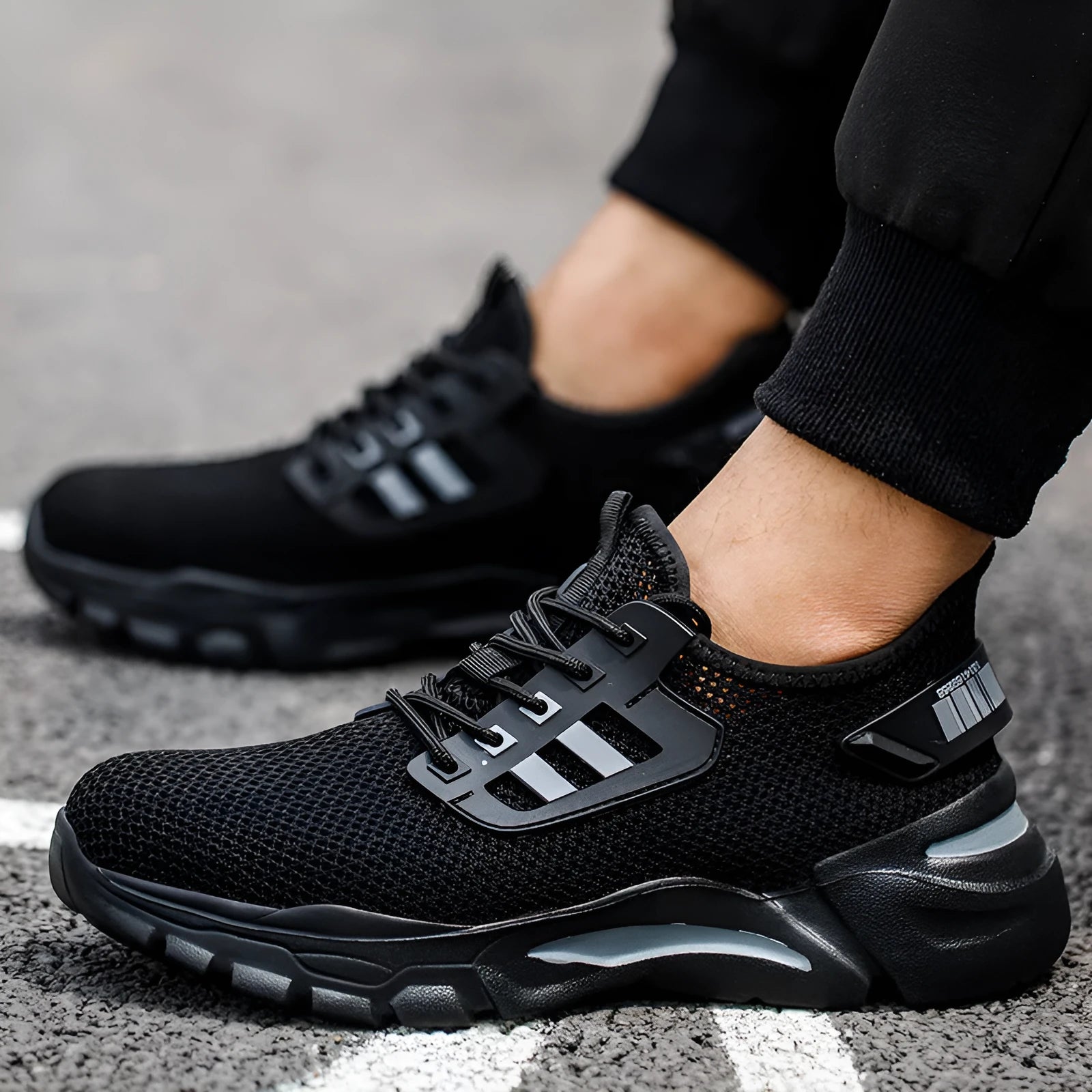 Men's Flyknit safety work shoes with steel toe caps in black, grey, and yellow colour options