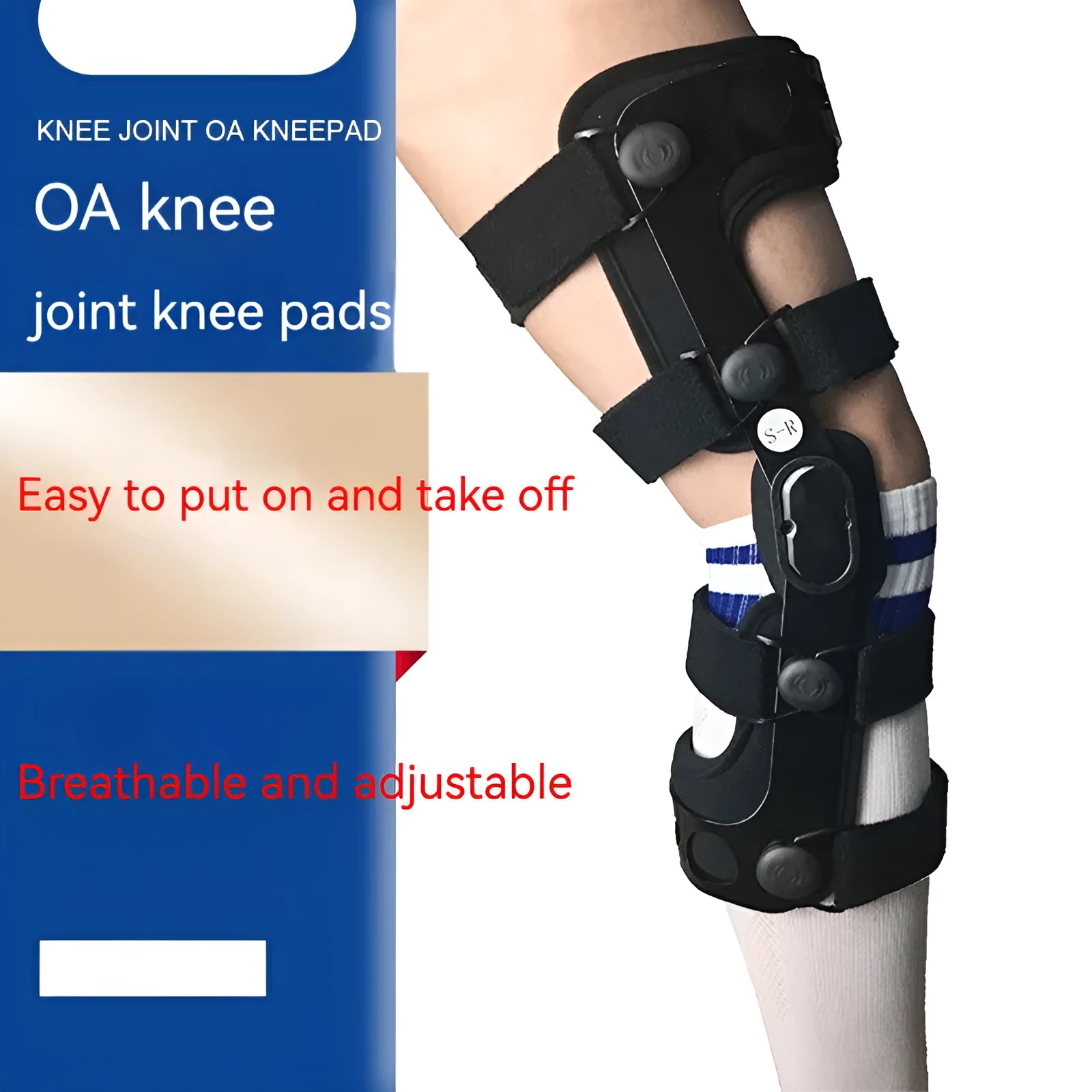 Black knee supporter with metal stabilisers for anterior ligament support in multiple size options