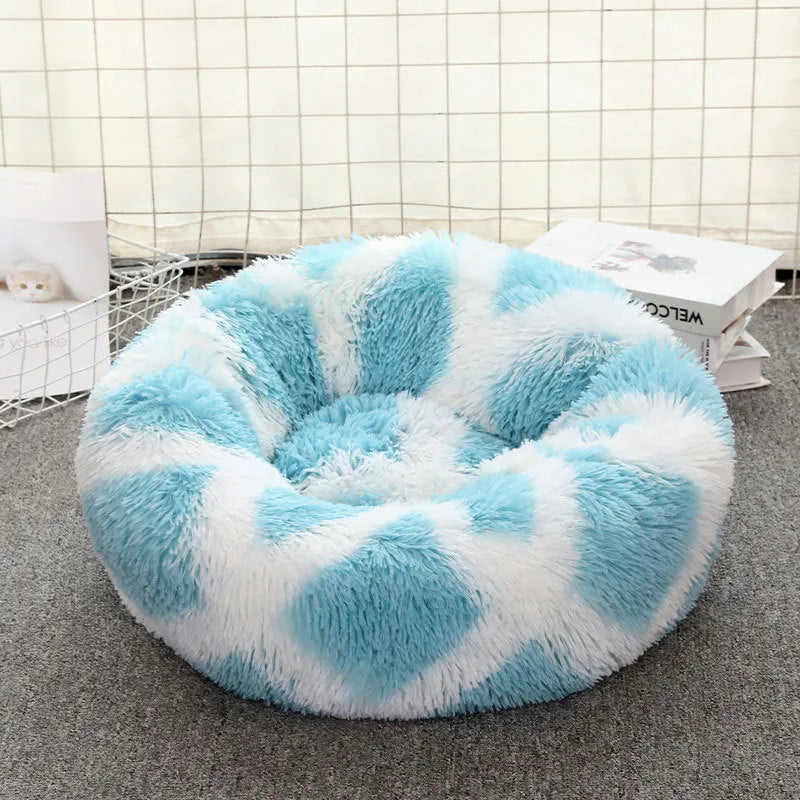 Round plush pet bed in geometric blue colour for dogs and cats, size 60cm