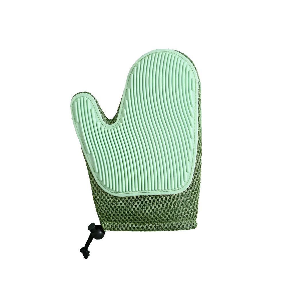 Pet grooming glove with mesh fabric and rubber grip bumps for removing hair during brushing or bathing