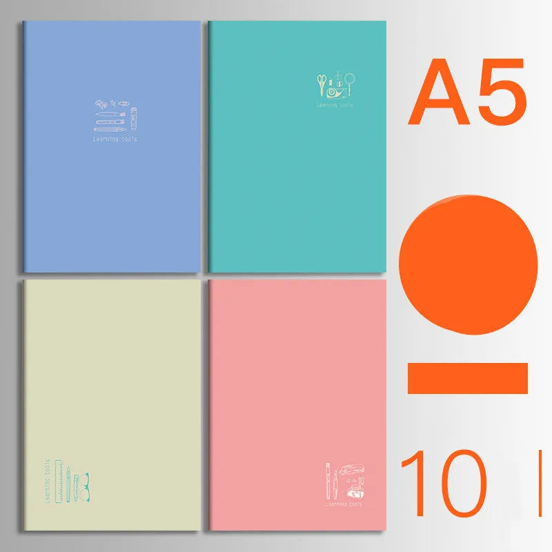 Ten soft cover thread-bound notebooks in A5 and B5 sizes with various designs