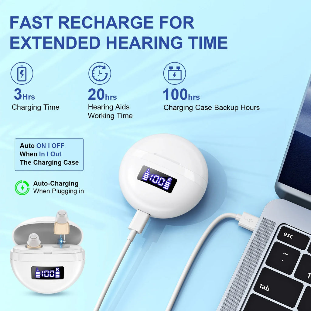 White skin noise reduction hearing aid with digital display and magnetic charging case