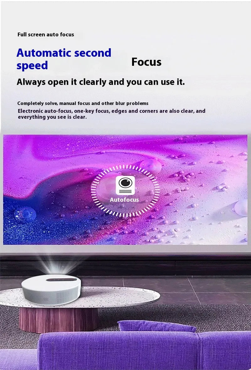 White HD home theatre projector with remote control showing 720p resolution display