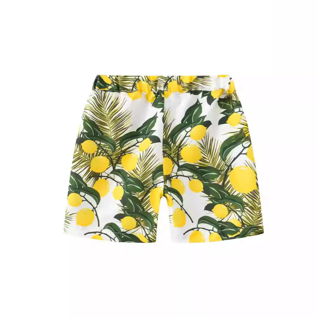 Printed beach shorts with hairband belt waist in chemical fibre blend fabric showing tropical print designs