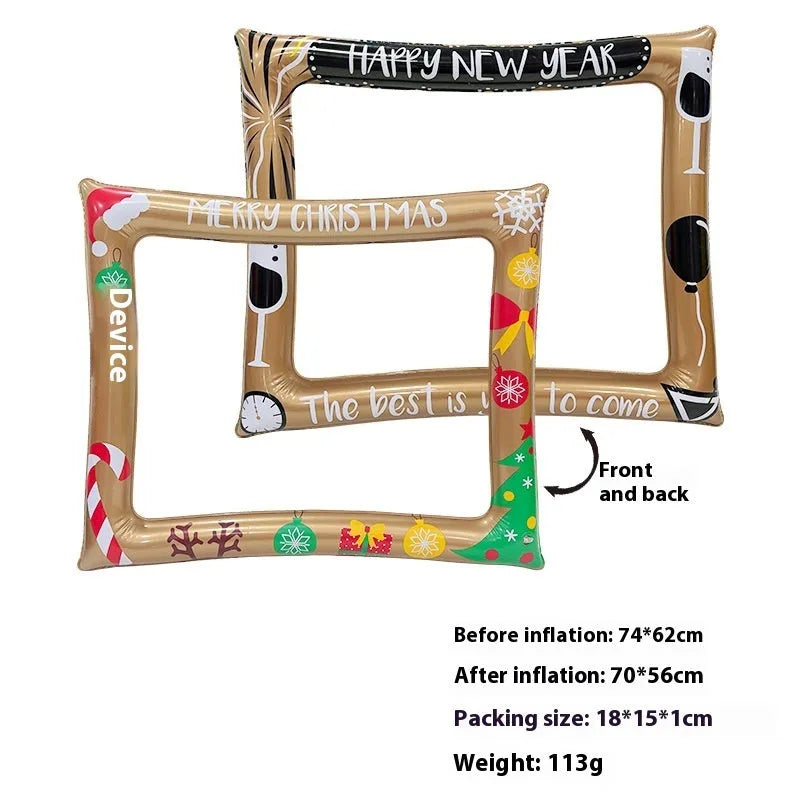 Large red, green, and white Christmas-themed inflatable photo frame made from PVC material.