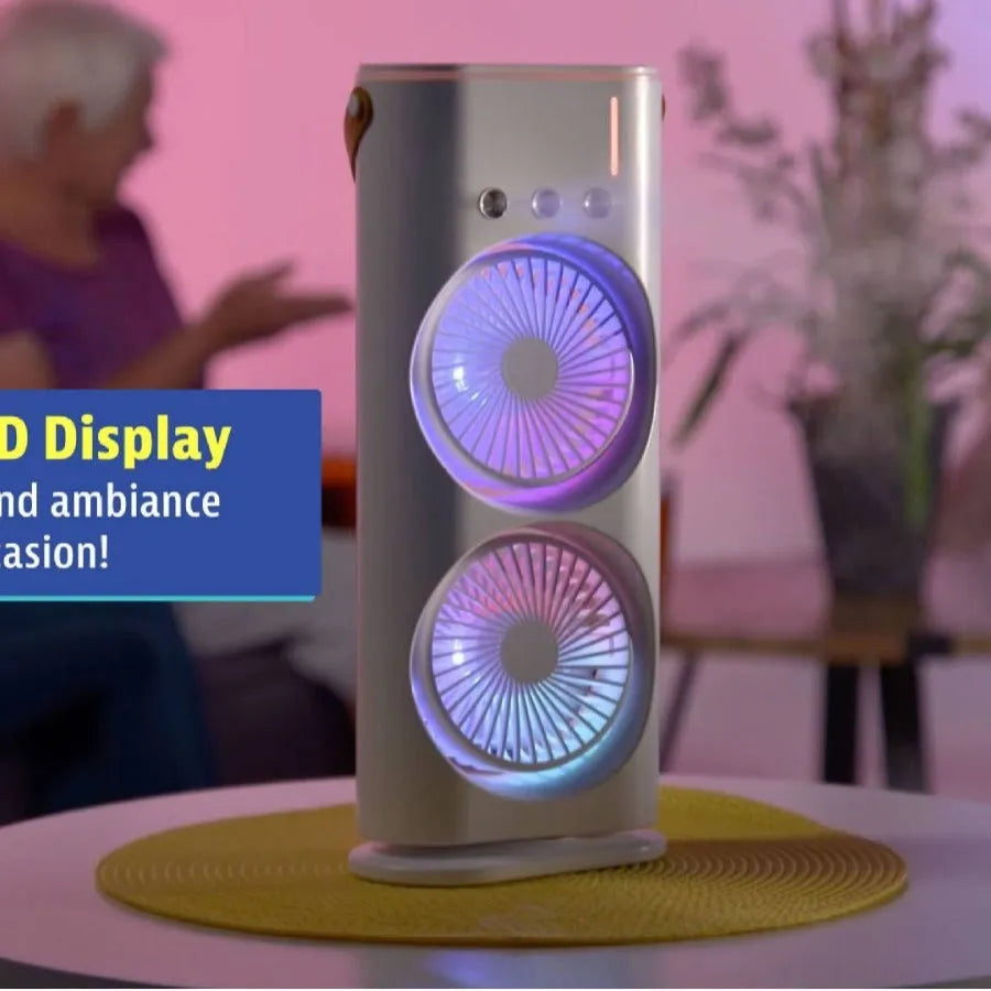White portable air cooler with double fan design and humidifying spray function