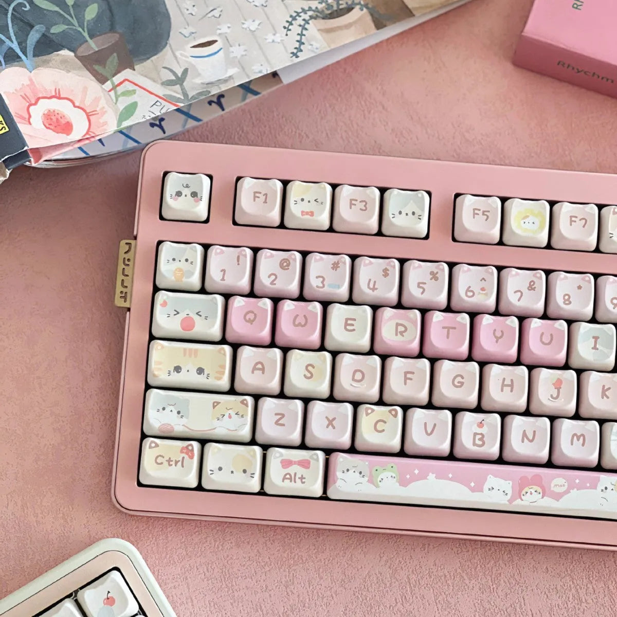 Meow Meow Team Height 141-piece sublimation printed key cap set for mechanical keyboards, showing colourful designs on multiple keys.