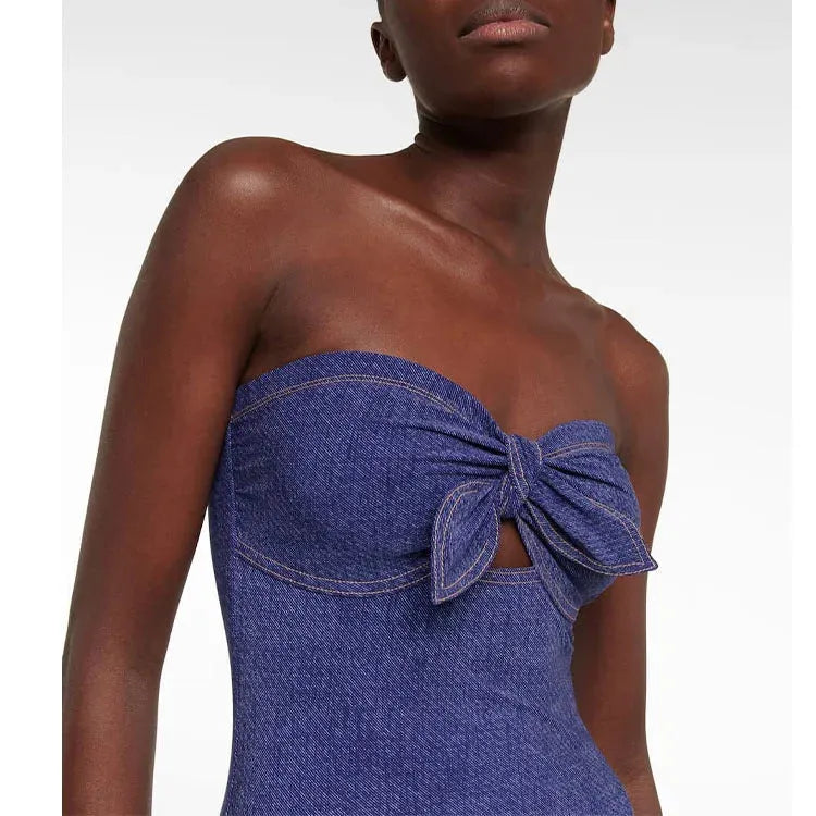 Women's vintage denim colour one-piece swimsuit with matching skirt