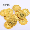 Gold plastic pirate coin with pointed edges measuring 3.6cm diameter for Halloween costumes