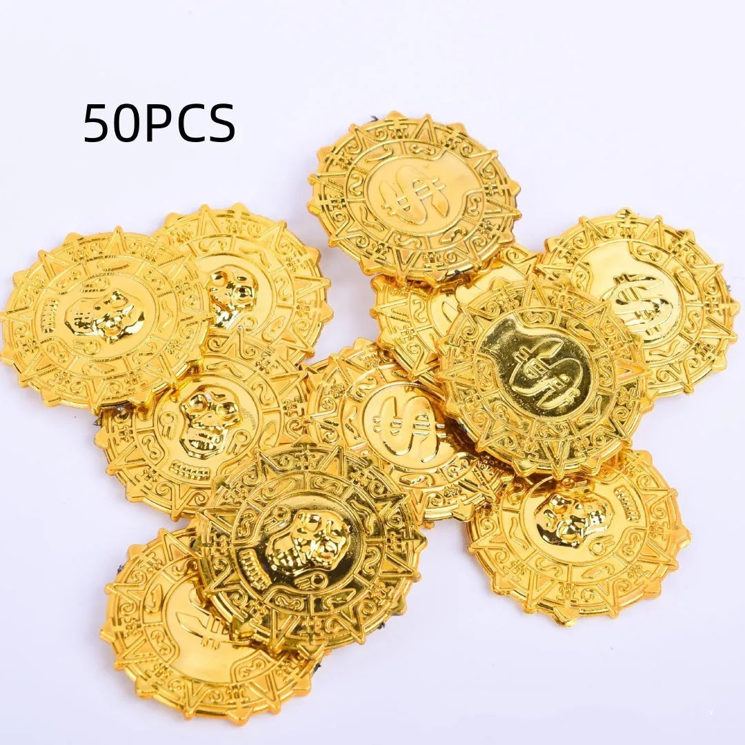 Gold plastic pirate coin with pointed edges measuring 3.6cm diameter for Halloween costumes