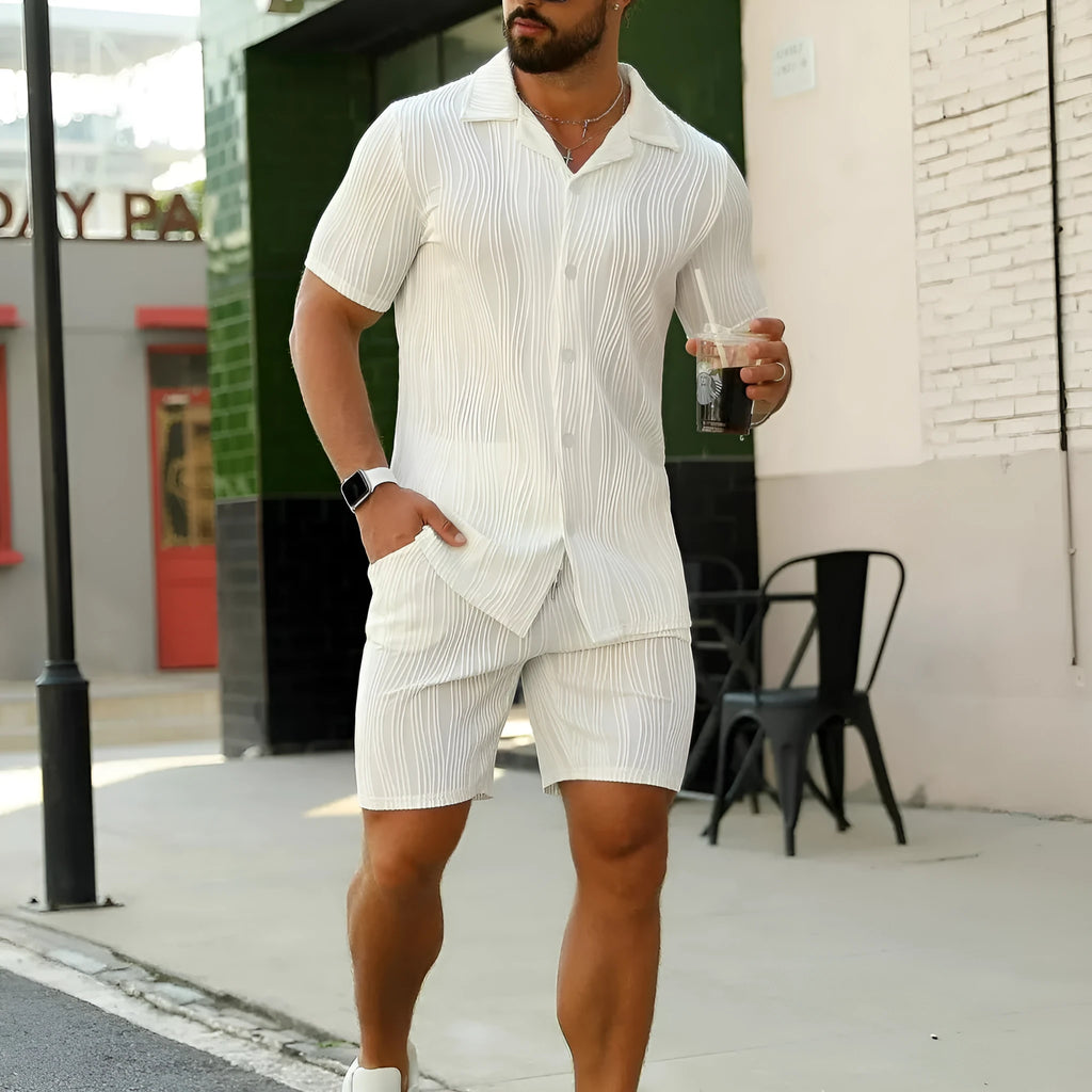 Men's black wave pattern short sleeve shorts suit for summer casual wear