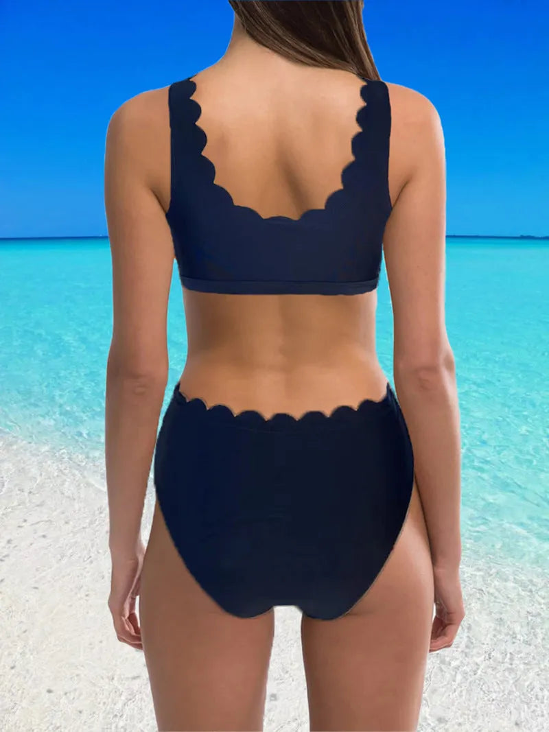 Women's solid colour split swimsuit with high waist design in red, black or blue