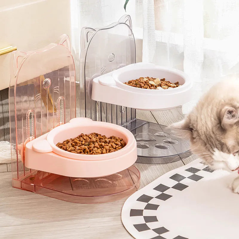 Grey cat bowl with cat ear design and anti-spill edges on adjustable hanging cage