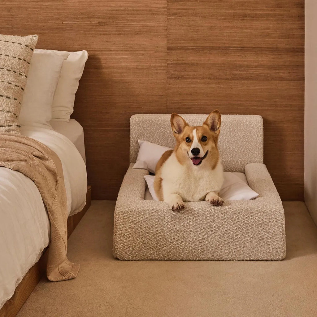 White rectangular dog mat with backrest and sponge filling, size L, on a wooden floor
