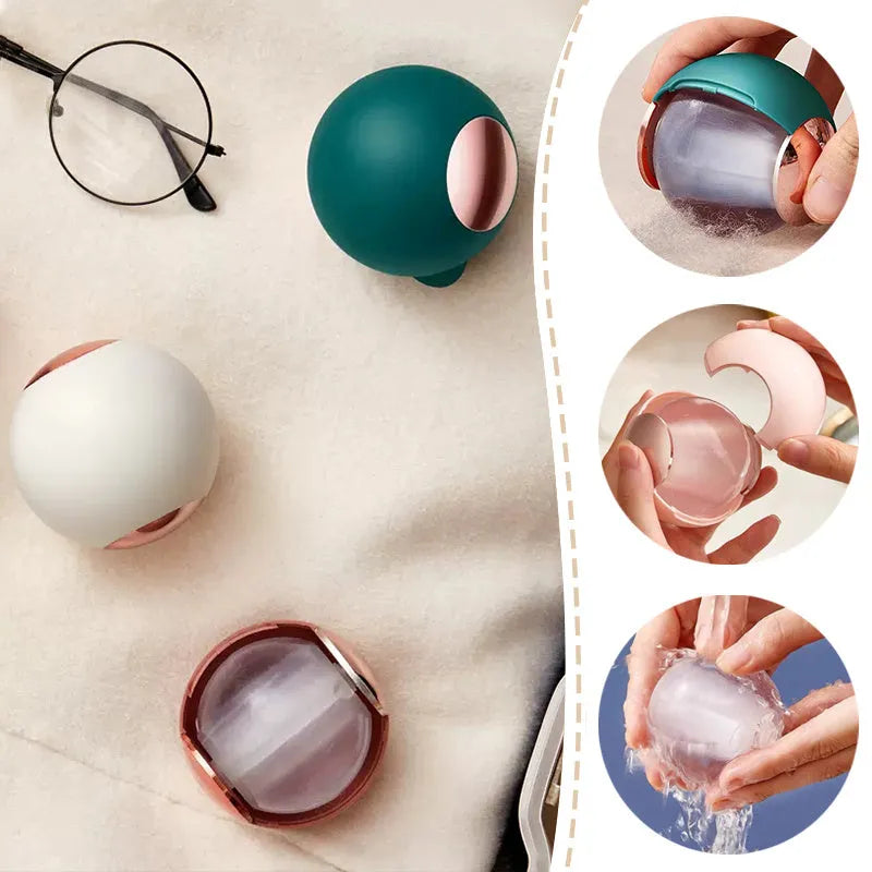 White reusable lint roller ball with handle for removing pet hair from fabric.