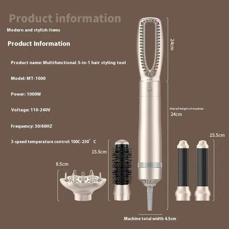 Champagne gold five-in-one hot air comb hair styler with straightening and curling functions