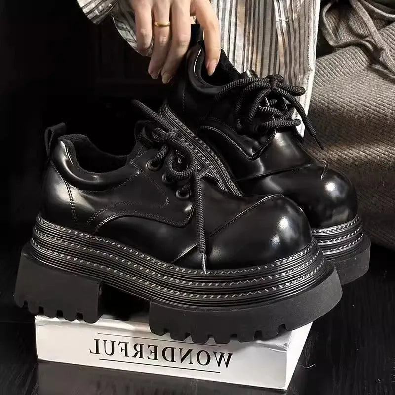 Women's platform pump high heel shoes 6-8cm round toe front lace-up PU upper rubber sole black brown sizes 35-40